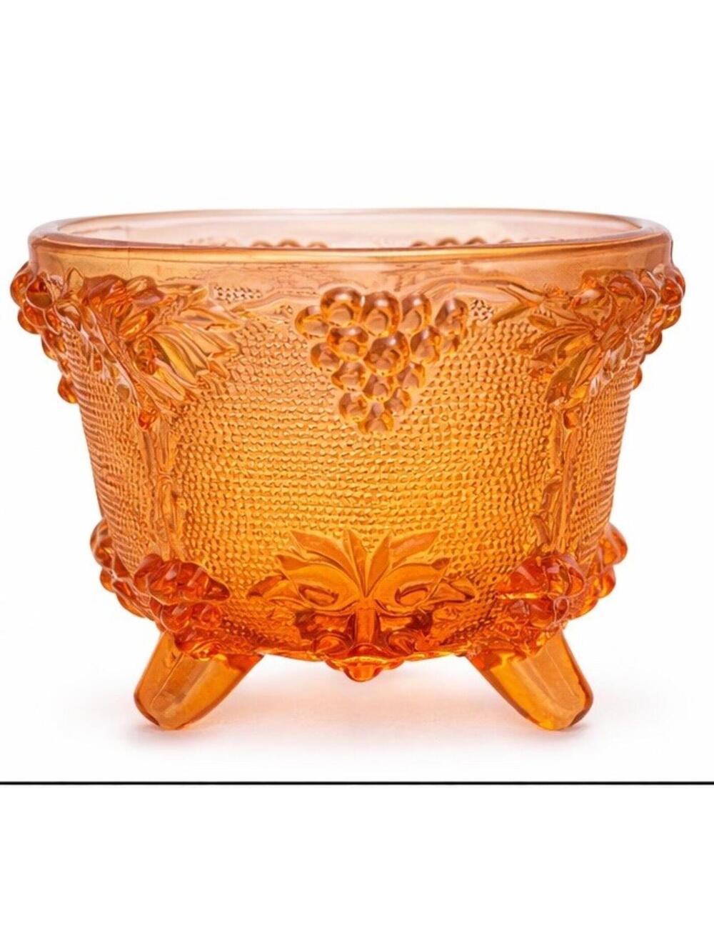 Vintage Indiana Glass Amber Carnival Glass 4 Footed Bowl Harvest Grape Pattern
